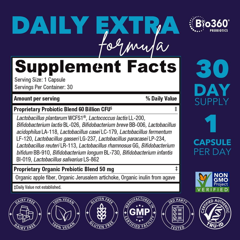 Bio360 60-billion CFU capsule offers robust gut support for daily comfort.