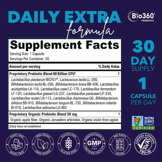 Bio360 60-billion CFU capsule offers robust gut support for daily comfort.