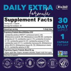 Bio360 60-billion CFU capsule offers robust gut support for daily comfort.