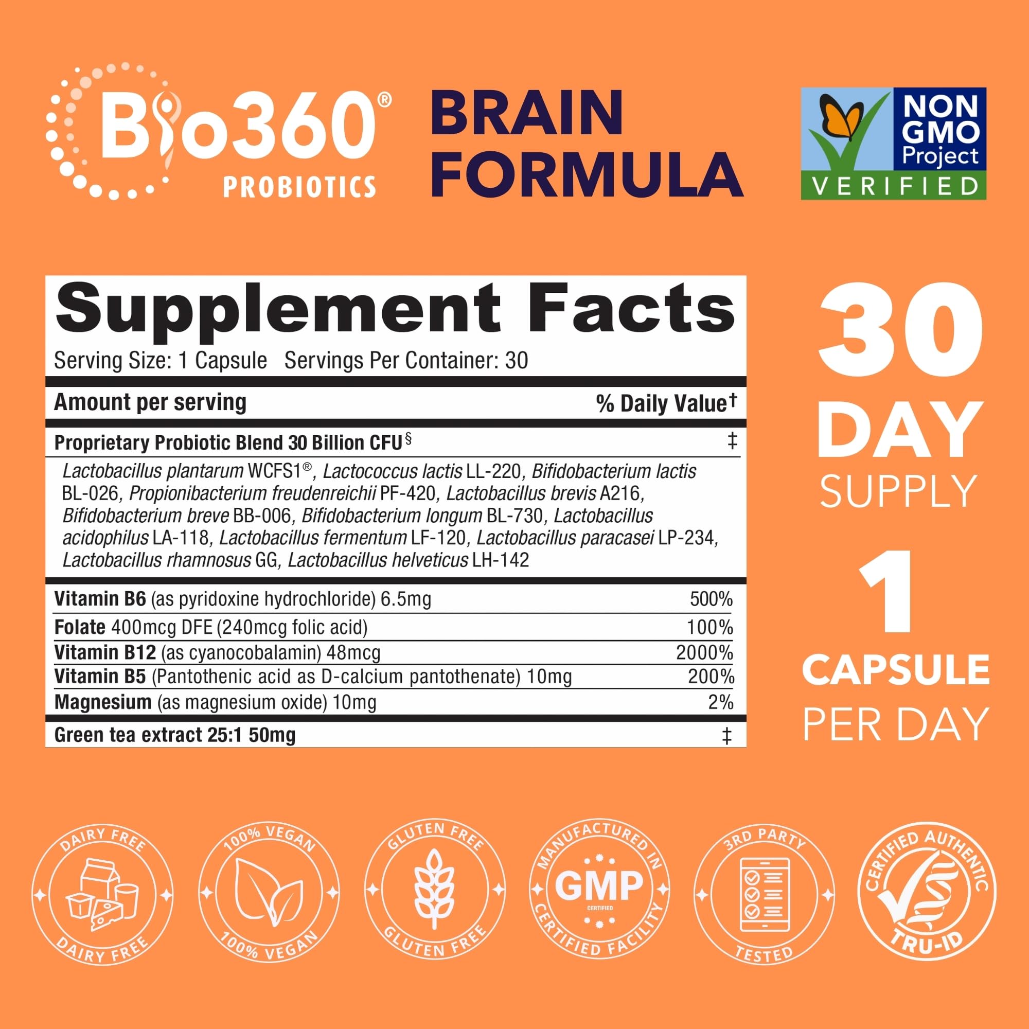 Bio360 Cognitive Support bottle nutrition facts panel for informed choice.