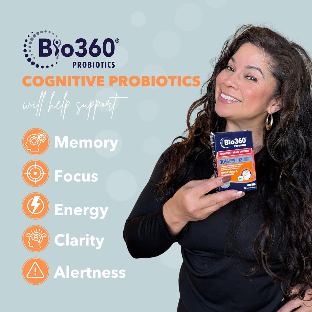Bio360 Cognitive Support capsules showing probiotic strains for gut health.