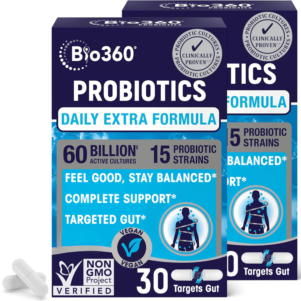 Bio360 extra-strength probiotic bottle with 60B CFU supports gut balance.