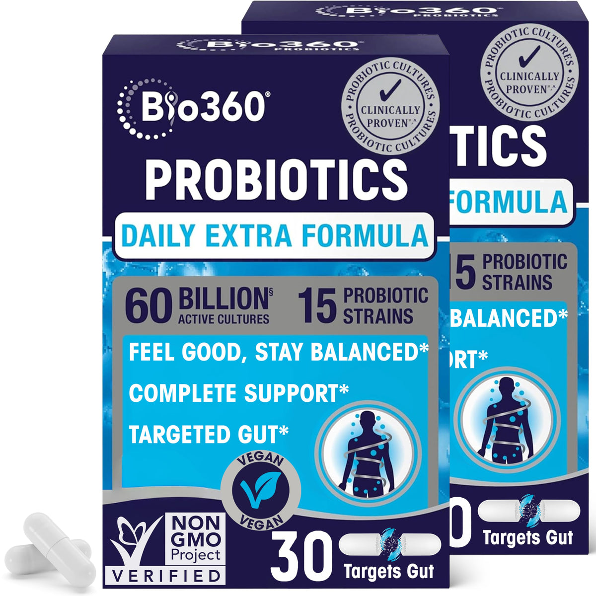 Bio360 extra-strength probiotic bottle with 60B CFU supports gut balance.