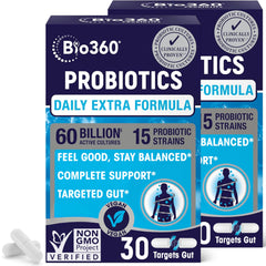 Bio360 extra-strength probiotic bottle with 60B CFU supports gut balance.