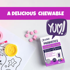 Bio360 Kids probiotic bottle shows health benefits and routine use