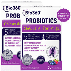 Bio360 Kids Probiotic chewables in berry flavor bottle for digestive support