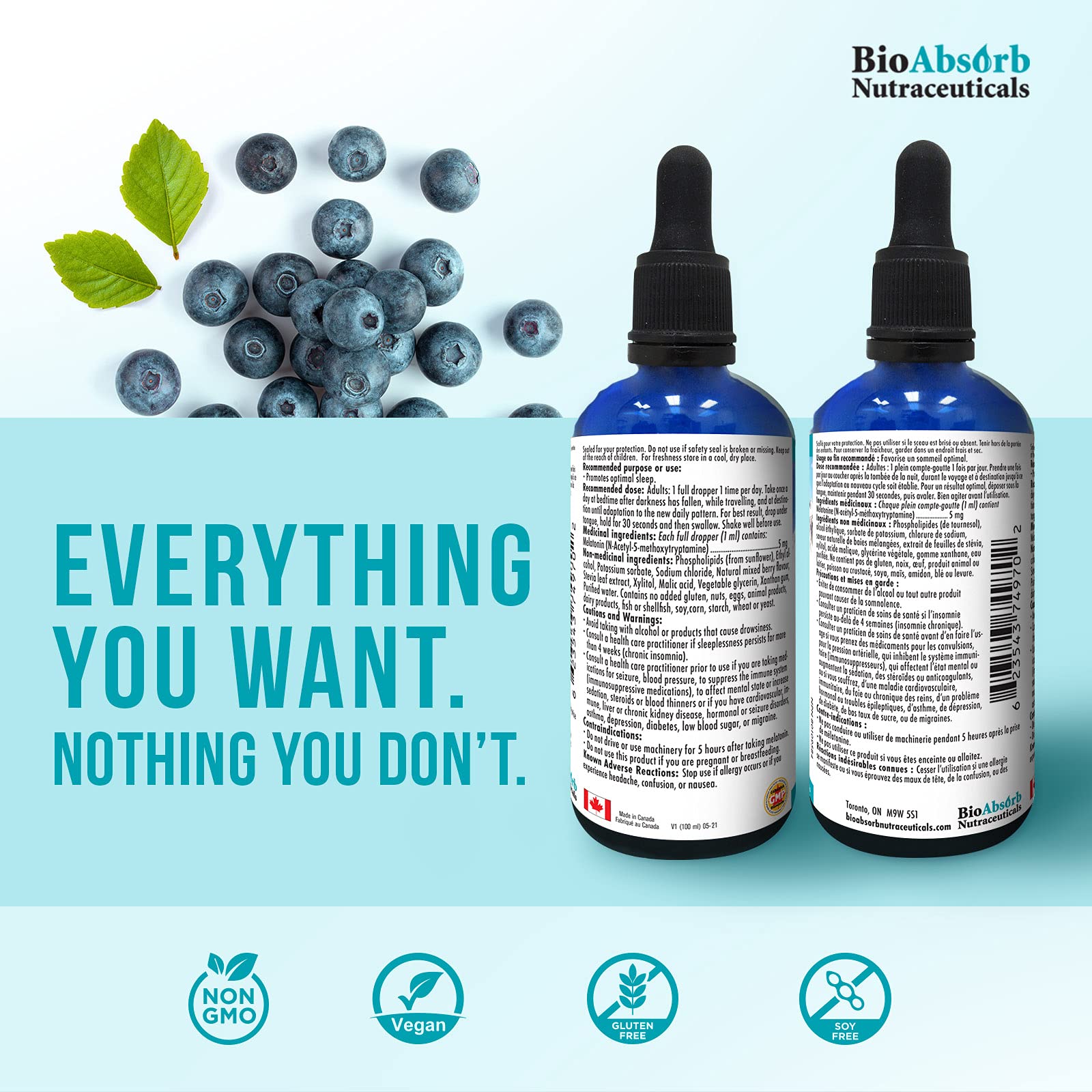 Bio Absorb melatonin dropper highlighting convenient sublingual administration before bed.