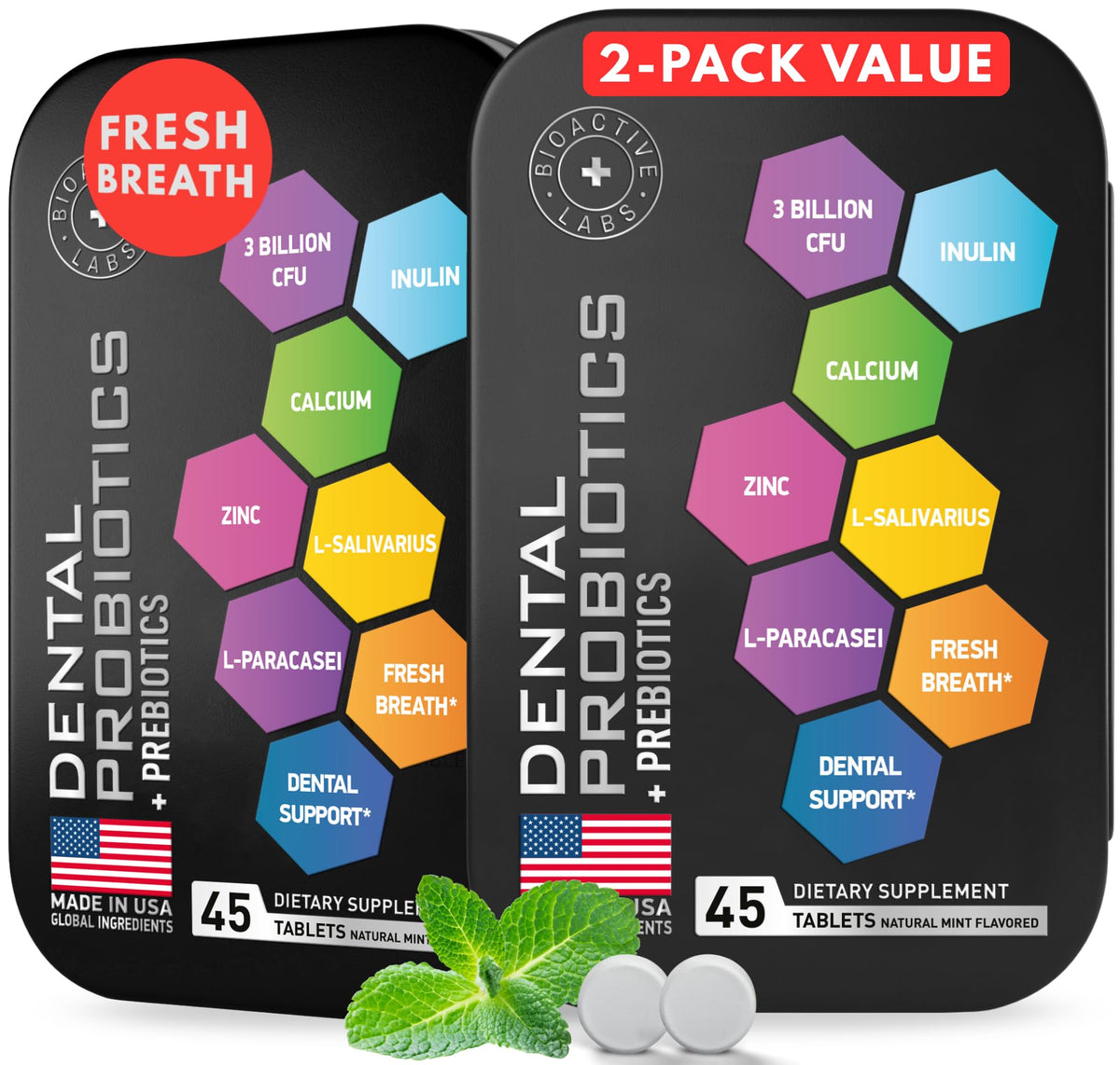 BIOACTIVE LABS dental probiotics tablets mint tin for on-the-go oral care