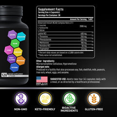 BIOACTIVE LABS EAA BCAAs label closeup shows complete essential amino acids spectrum.