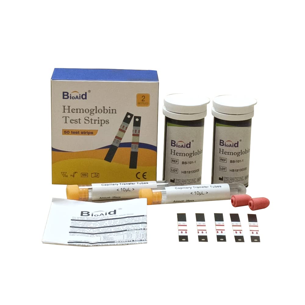 Bioaid hemoglobin kit with strips and tubes pictured, compatible with Bioaid meter.