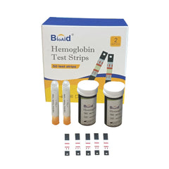 Bioaid hemoglobin strips 50pcs packaging, easy storage and meter compatibility.