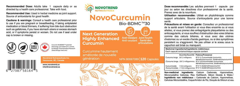 BIOBDMC NovoCurcumin bottle label close-up highlighting potency and ingredients.