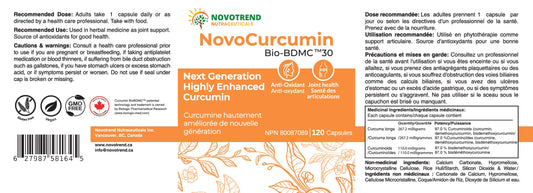 BIOBDMC NovoCurcumin bottle label close-up highlighting potency and ingredients.
