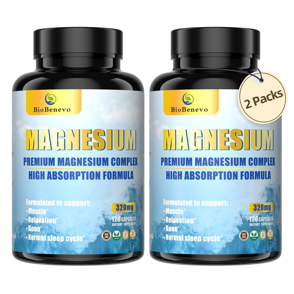 BioBenevo 5-in-1 magnesium complex bottle on a wooden table for nightly sleep support