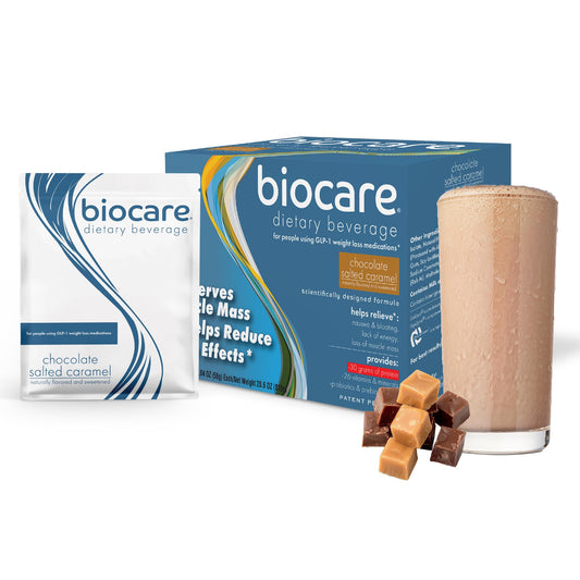 Biocare GLP-1 nutritional beverage bottle for protein fueling and daily nutrition.
