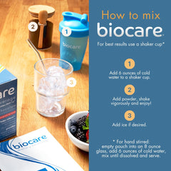Biocare milk chocolate shake poured into a glass.