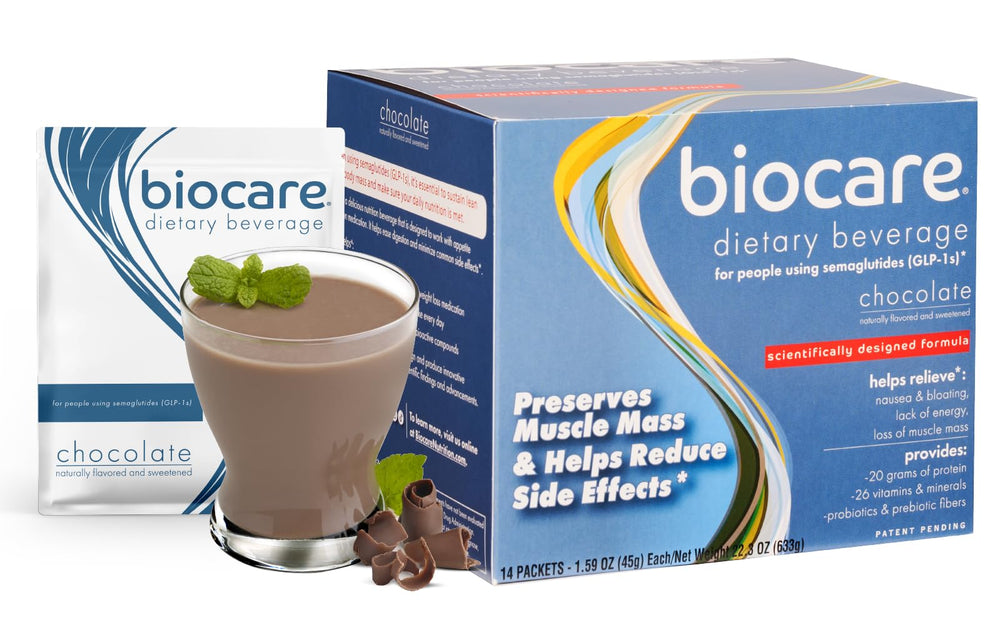 Biocare GLP-1 chocolate beverage tub showing 20g protein per serving.