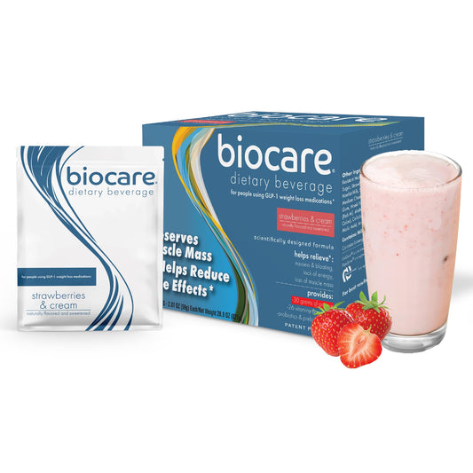 Biocare Strawberry Crème Shake packaging for convenient, high-protein nutrition.