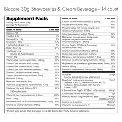 Biocare Strawberry Crème Shake with fresh strawberries, showcasing fruity flavor and post-workout refreshment.