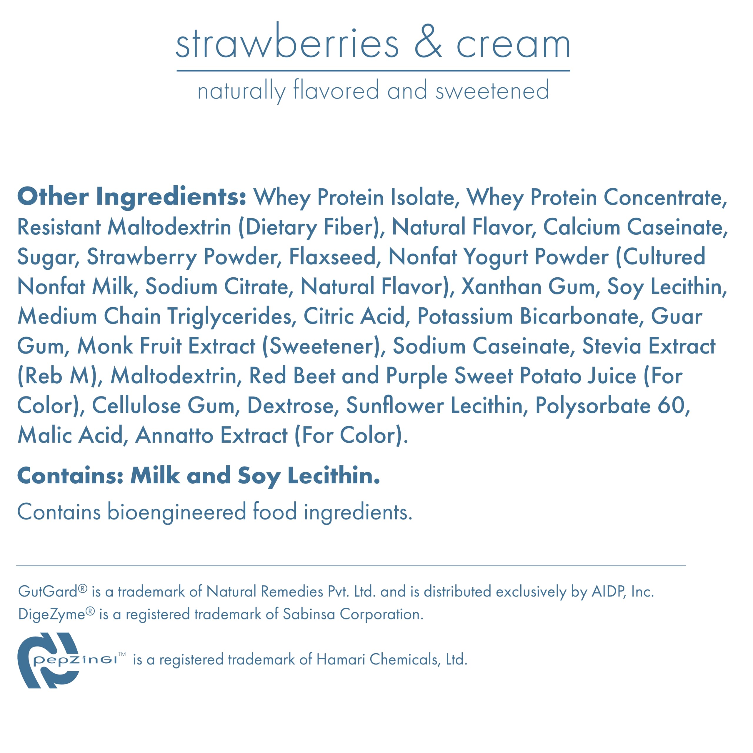Biocare Strawberry Crème Shake ingredient panel highlights 30 g protein and essential vitamins.