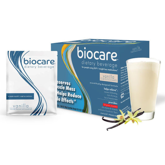Biocare vanilla nutritional shake bottle delivering high-protein nutrition for GLP-1 users.