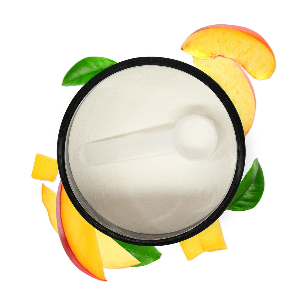 Glass with Biochem BCAA Peach Mango mix demonstrates electrolyte hydration.