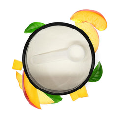Glass with Biochem BCAA Peach Mango mix demonstrates electrolyte hydration.