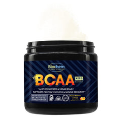 Biochem BCAA Peach Mango tub with vegan, gluten-free, keto-friendly formula.