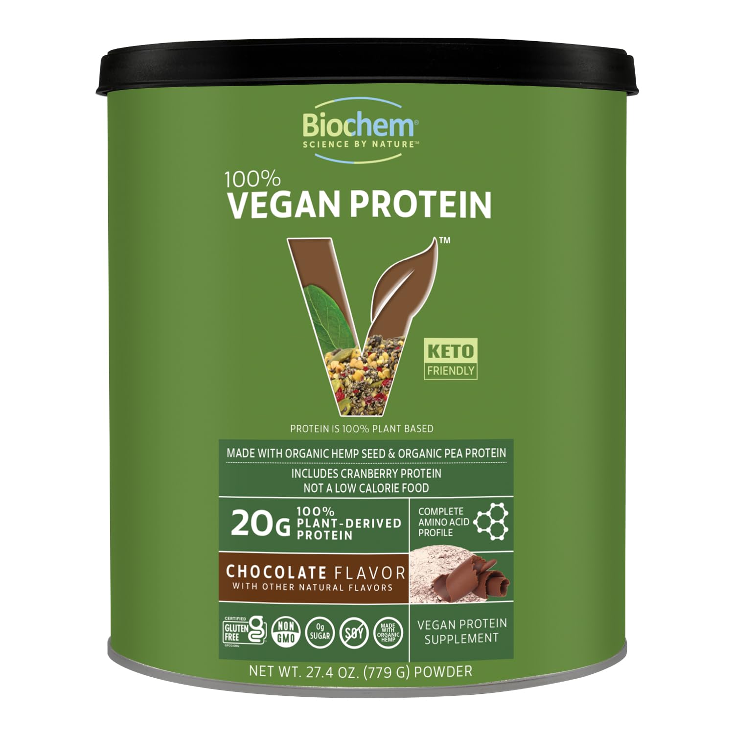 Biochem vegan protein chocolate bottle pour highlights a smooth plant protein blend for post-workout fueling.