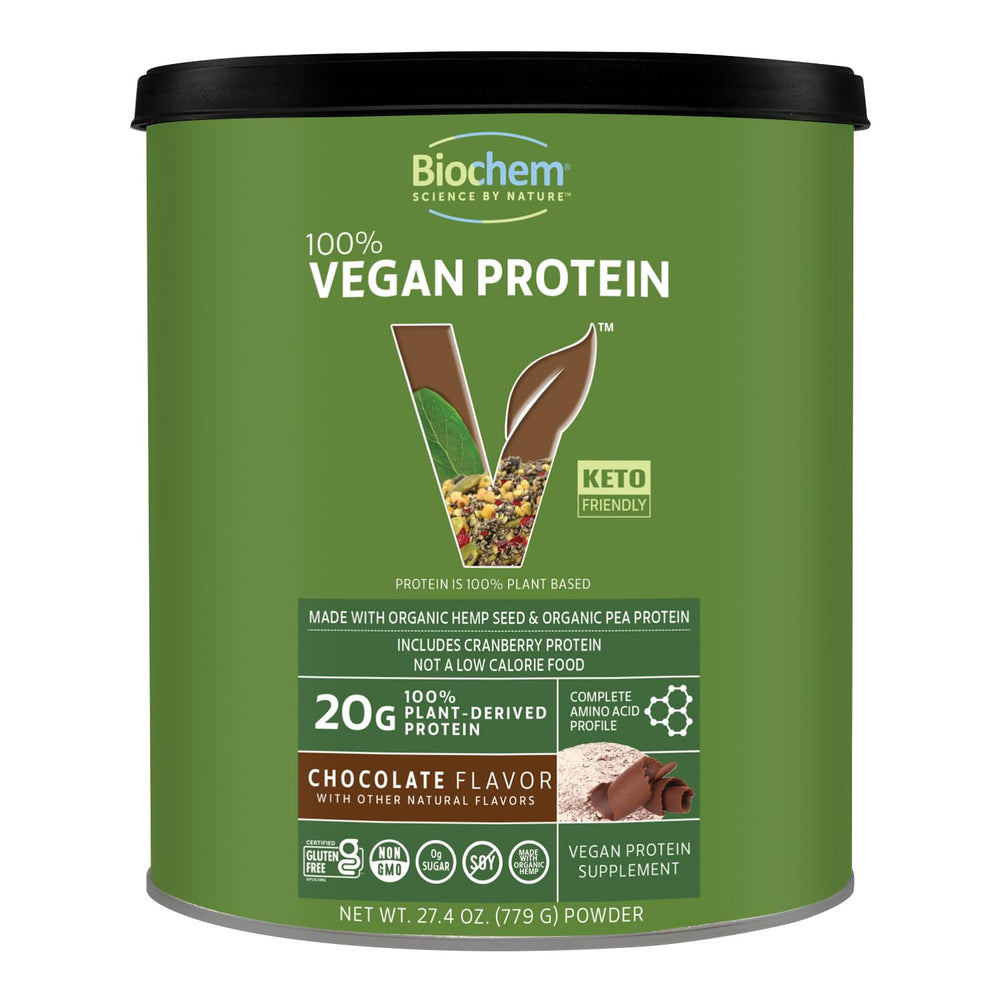 Biochem vegan protein chocolate bottle pour highlights a smooth plant protein blend for post-workout fueling.