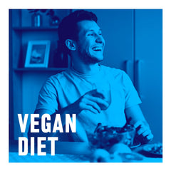 Biochem vegan protein packaging on shelf communicates gluten-free, soy-free benefits.