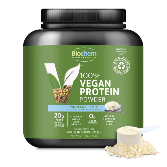 Biochem vegan protein powder vanilla bag ready for quick plant-based shakes.