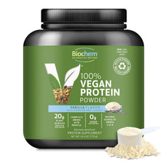 Biochem vegan protein powder vanilla bag ready for quick plant-based shakes.