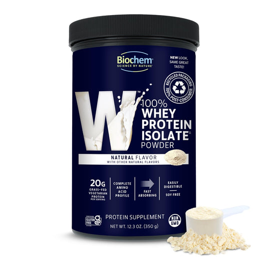 Biochem whey isolate powder poured for a refreshing post workout shake