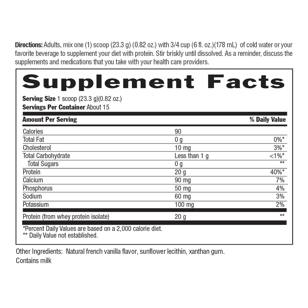 Close up label on Biochem whey isolate showing 20g protein per serving