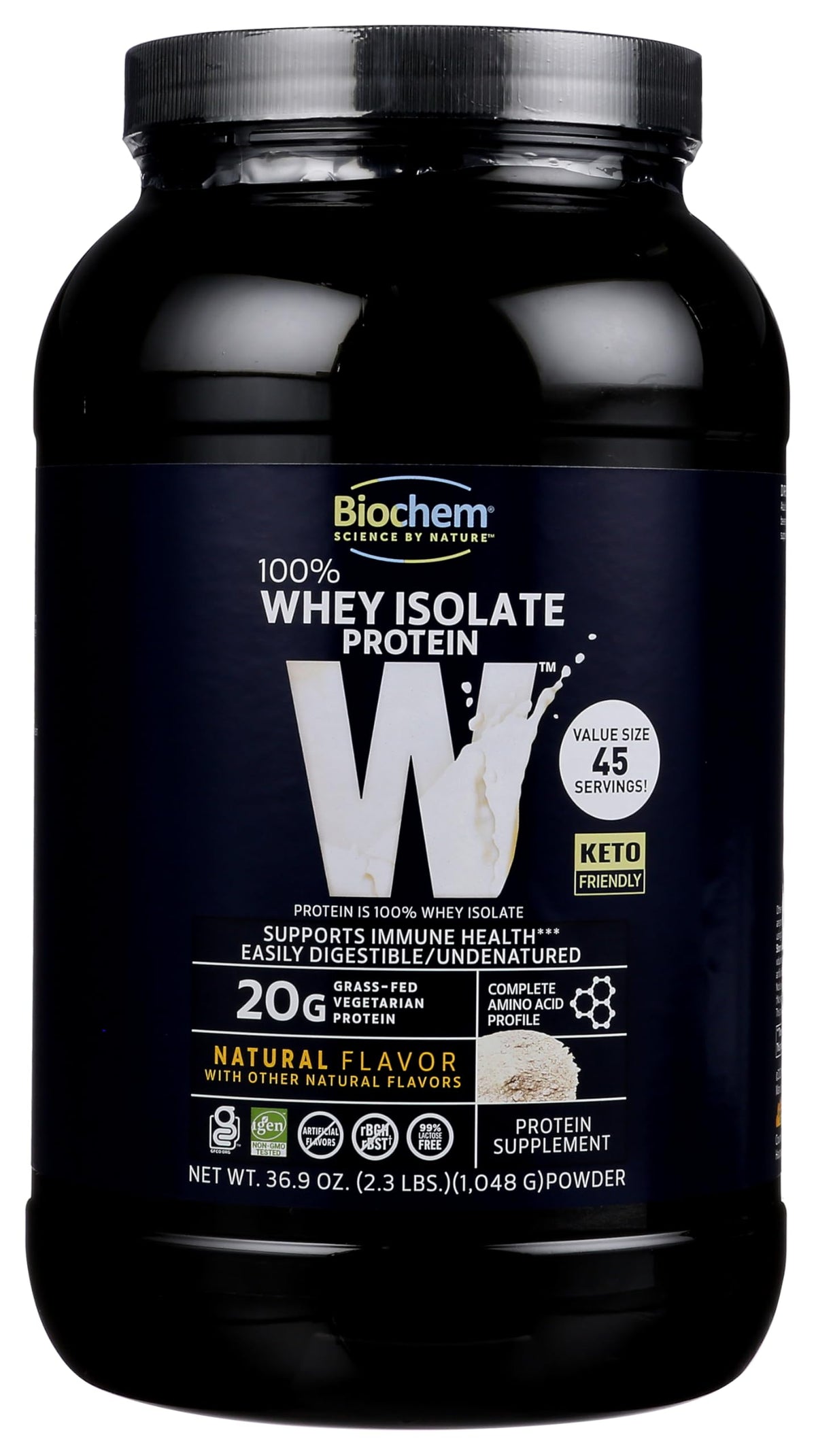 Biochem 100% Whey Isolate natural powder tub shown for a clean protein source.