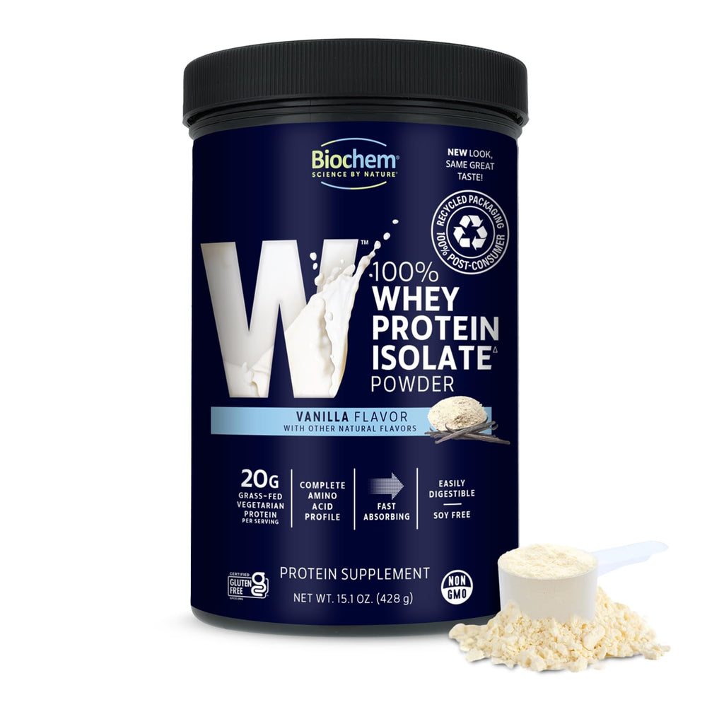 Biochem whey isolate vanilla bottle shown for post-workout protein support