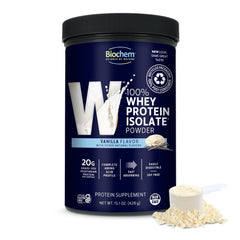 Biochem whey isolate vanilla bottle shown for post-workout protein support