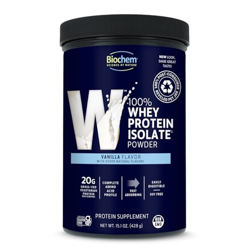 Biochem whey isolate vanilla scoop ready to measure for a quick shake
