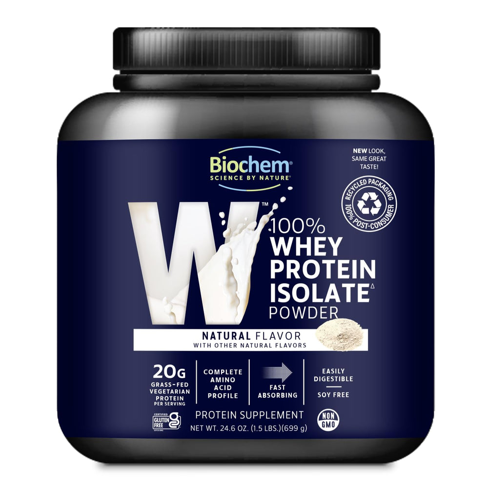 Biochem whey protein bottle front for everyday athletic fueling.