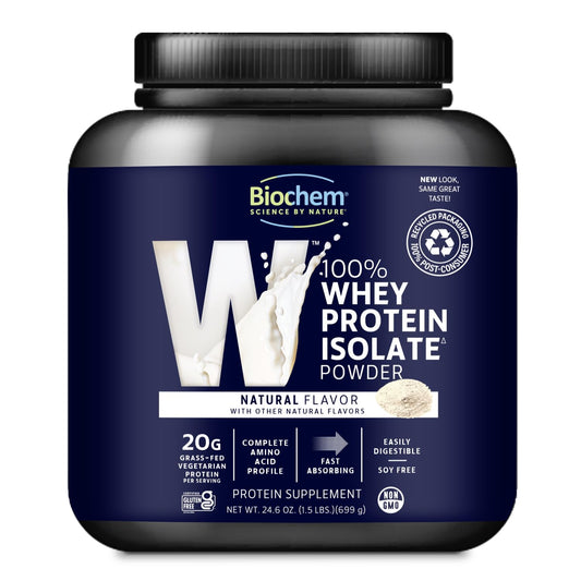 Biochem whey protein bottle front for everyday athletic fueling.
