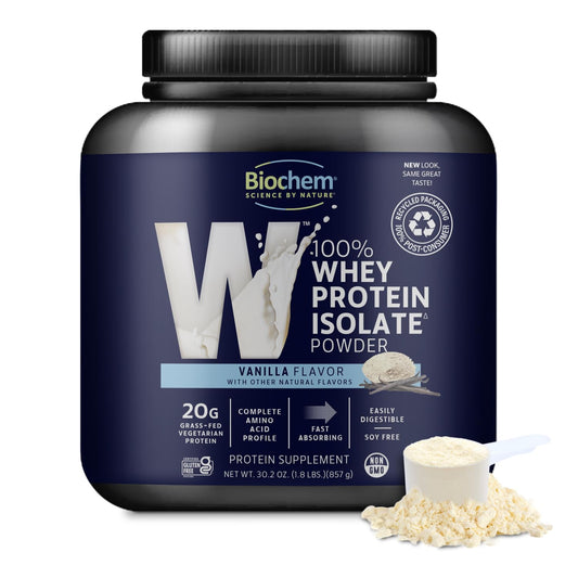 Biochem Whey Protein Isolate Vanilla tub front – premium protein for active lifestyles.