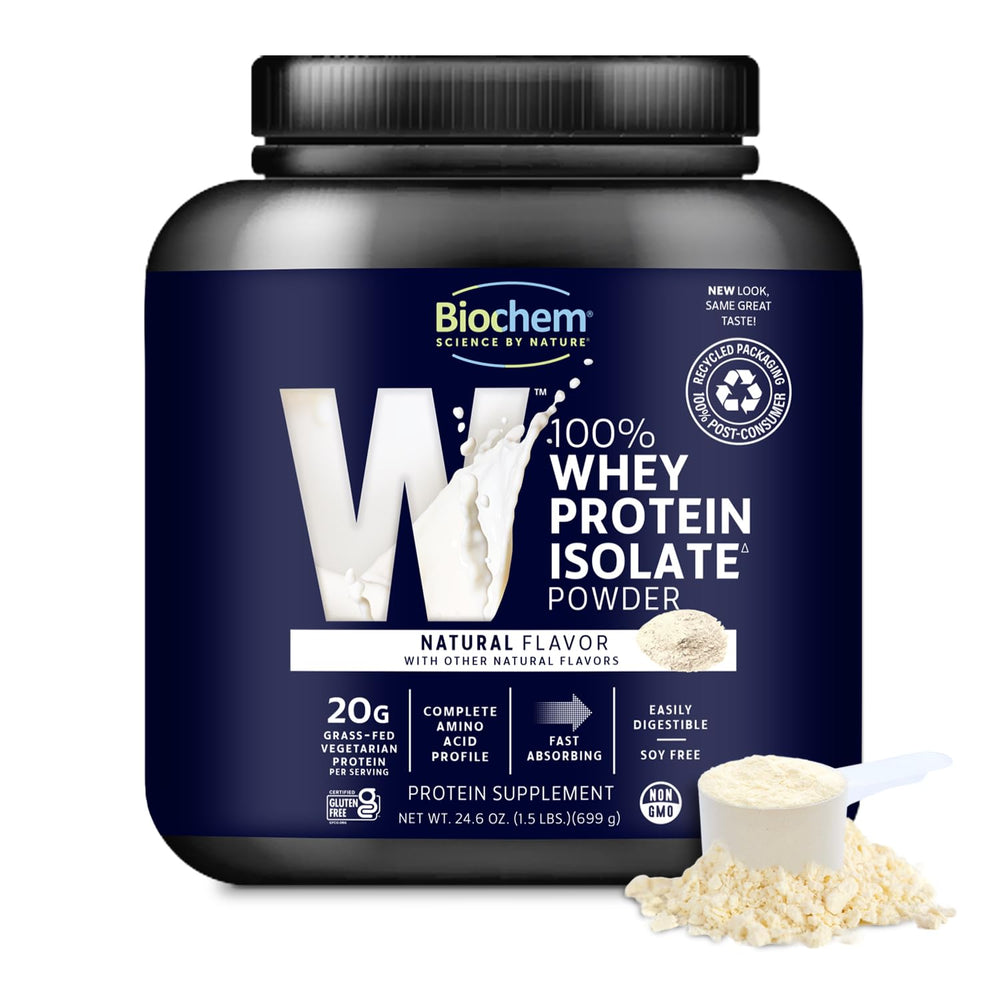 Biochem Whey Protein Powder 20g per serving for active workouts.