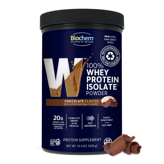 Biochem whey protein powder container front highlighting muscle support potential