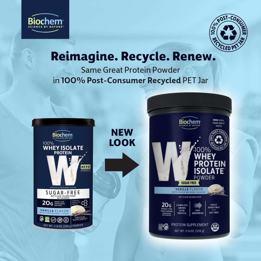 Biochem whey vanilla powder pours from tub into a scoop