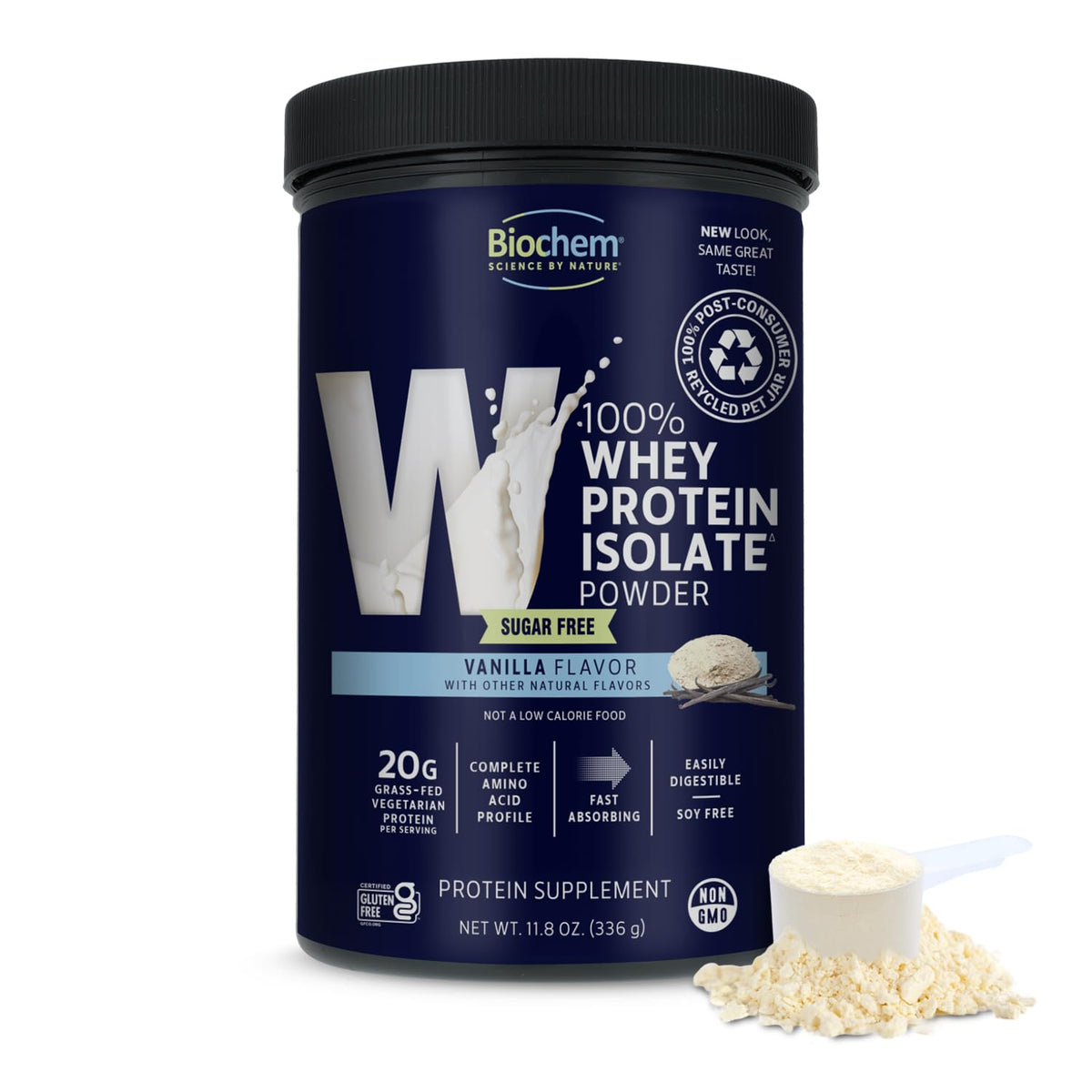 Biochem 100% Whey Vanilla tub front label showing grass-fed protein