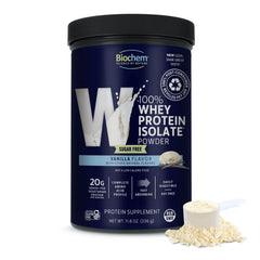 Biochem 100% Whey Vanilla tub front label showing grass-fed protein