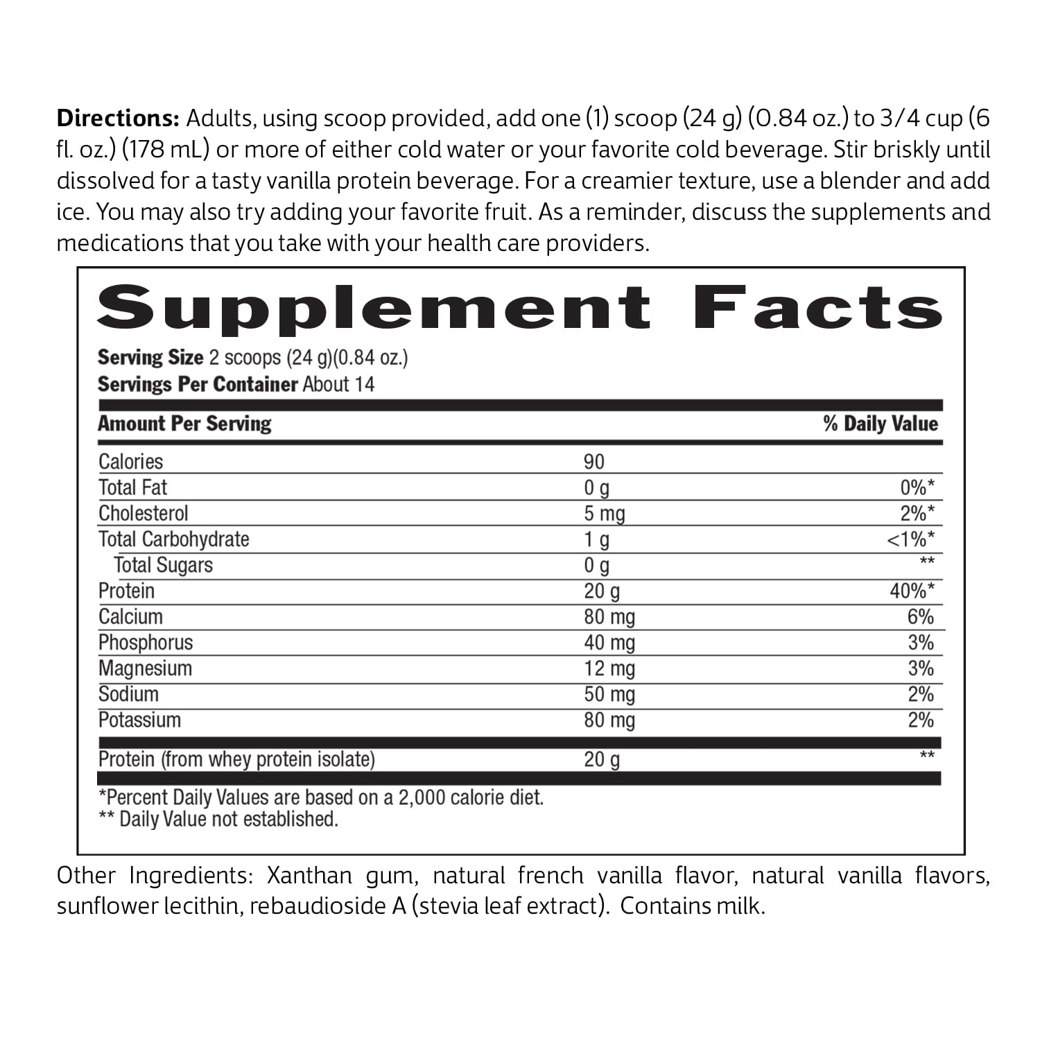 Biochem vanilla whey tub on a clean kitchen counter