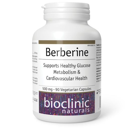 Bioclinic Naturals Berberine HCL bottle front showing 500 mg capsules for daily supplementation