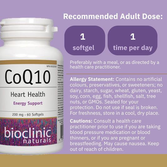 Close-up of Bioclinic Naturals CoQ10 200 mg softgels showing smooth capsule